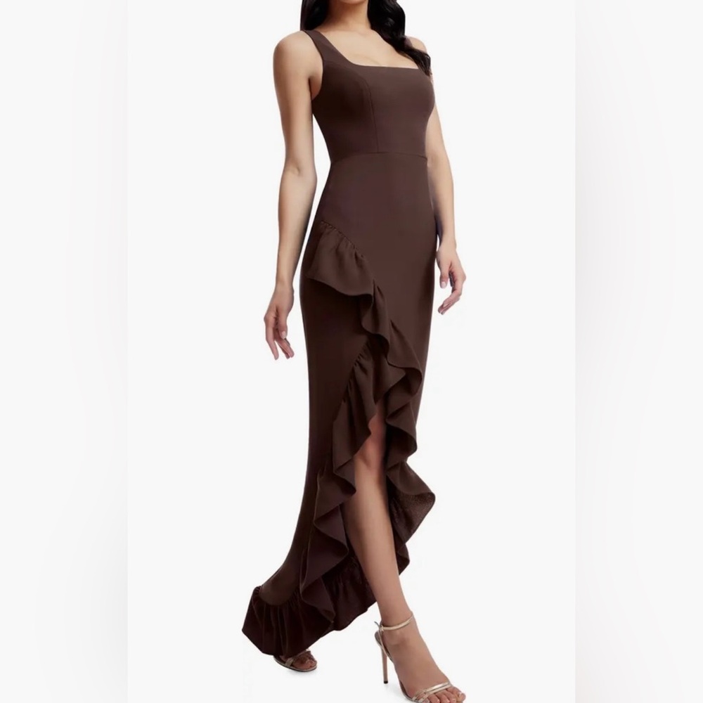 Dress the Population Brown Asymmetrical Ruffled Gown